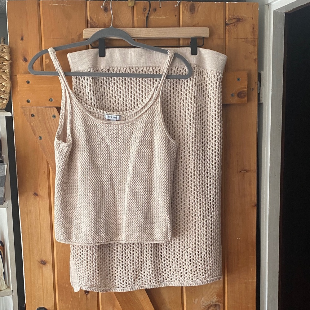Beige Nine West Knit Tank Top and Skirt Set